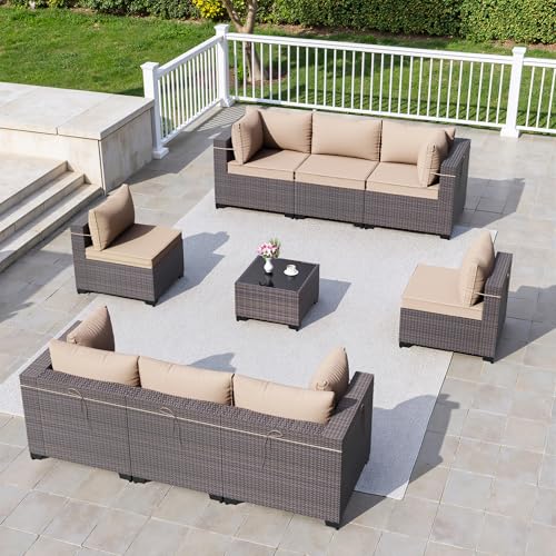 Image of 9 Pieces Outdoor Sectional Furniture All Weather PE Rattan Wicker Patio Conversation Set with Coffee Table and 8 Thickened Cushions,Sand