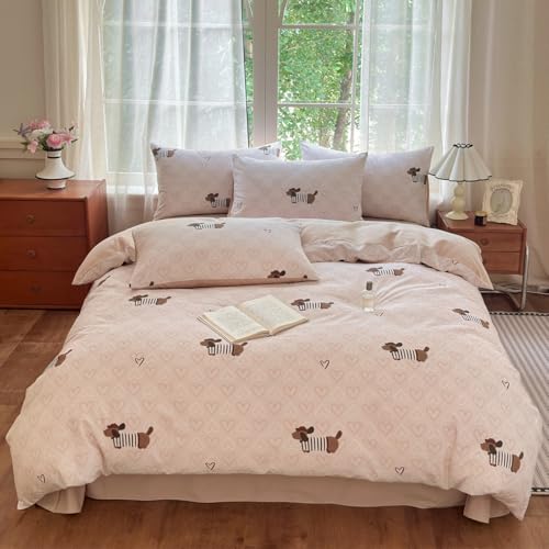 Image of Dachshund Duvet Cover Full Size Brown Dog Puppy White Pink Heart Reversible Comforter Cover Set 3 Pcs Kids Cute Soft Lightweight Microfiber Bedding Set with Zipper Closure and 2 Pillowcases