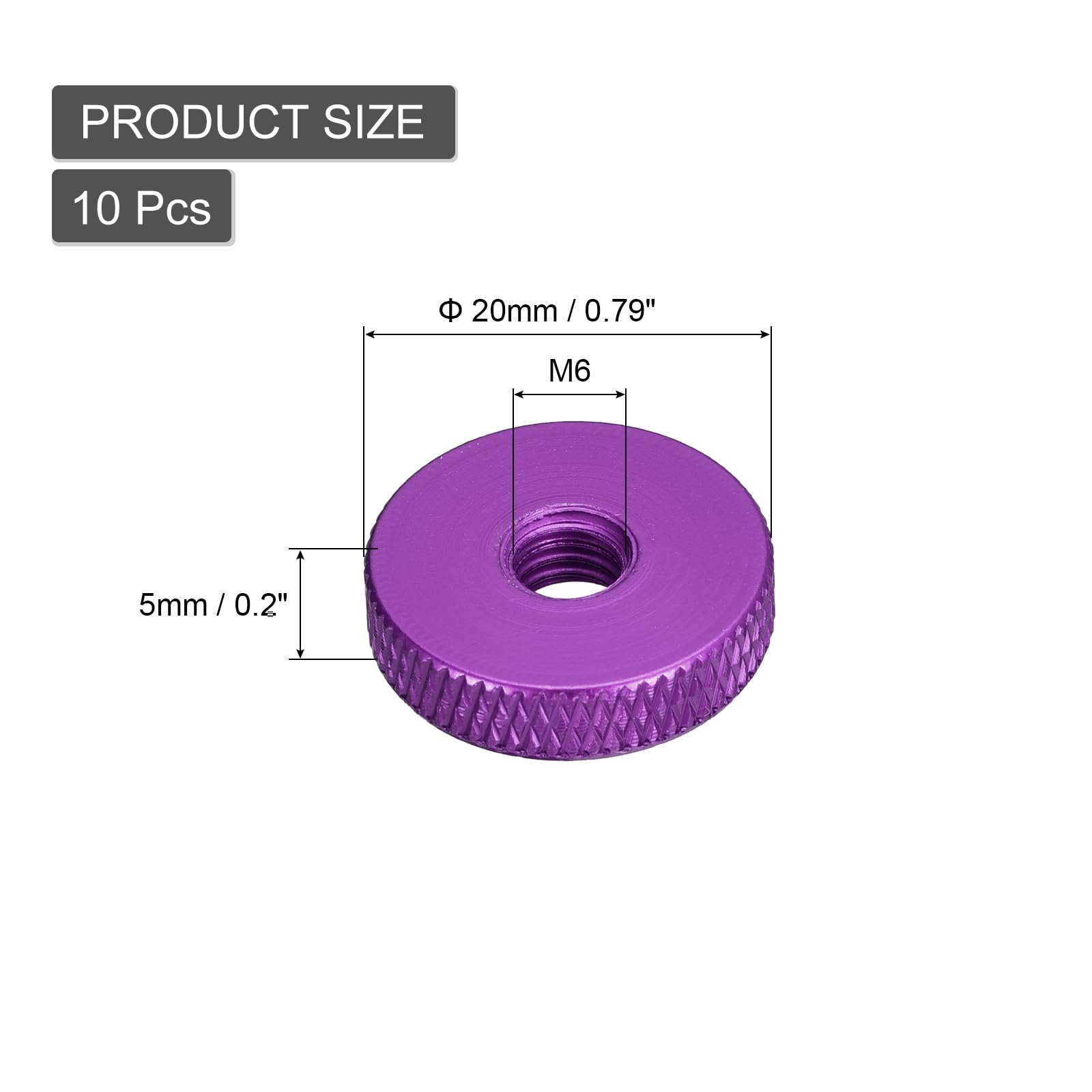 uxcell 10Pcs Flat Knurled Thumb Nuts, M6x20 x 5 mm Pass Hole Nut, Aluminum Alloy Diamond Knurled Nut Flat Head Through Hole Lock Adjusting Nuts for 3D Printer, Purple