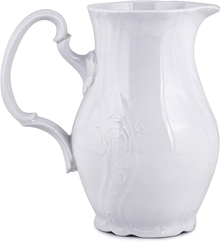 Jarra de crema de porcelana de 1.05 cuartos de galón (1 L) Bernadotte Bohemian Porcelain High Creamer (color blanco) Apto para lavavajillas Jarra de