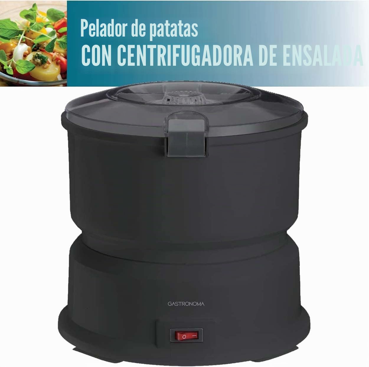 Gastronoma 18220001 - Pelador de patatas con escurridor de ensalada, 1 kg, pelador eléctrico de patatas, de plástico, color negro