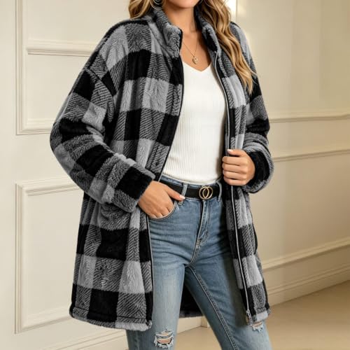 fartey Womens Plaid Jacket Fleece Lined Coat Zip Up Sherpa Tops with Pocket - image 4