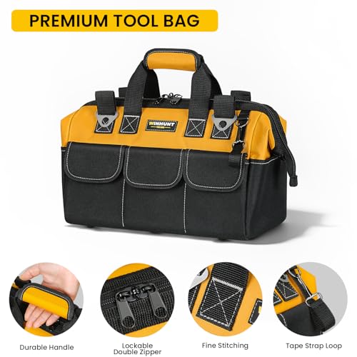 WINHUNT Tool Bag, 18-inch Wide Mouth Tool Organisers, 600 Denier Large Tool Bag for Home DIY & Equipment Storage, Yellow and Black (Yellow, 15inch-upgraded)