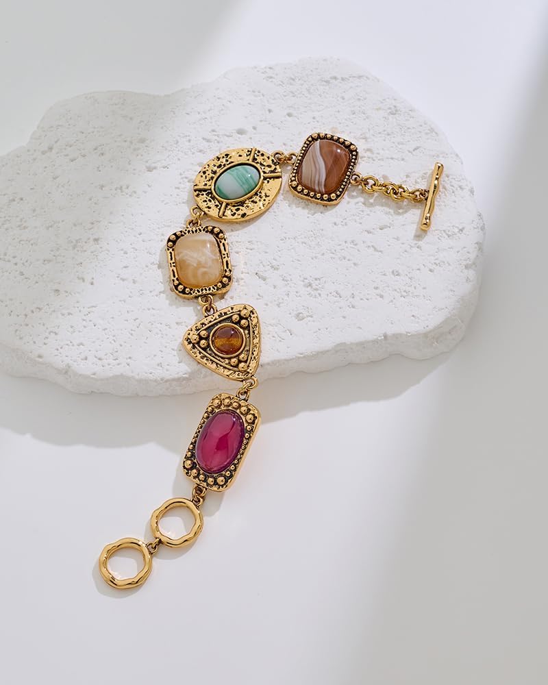 Vintage Gold Charm Bracelet For Women With Toggle And Bar Closure Imitation Tiger Eye Carnelian Cabs In Antique Gold Stone Setting Unique Chunky Copper Bracelet For Everyday Wear - Image 5