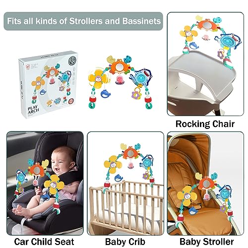 Baby Stroller Arch Toy, Infant Car Seat Toys with Play Accessories, Newborn Foldable Activity Crib Toys, Sensory Travel Mobile Animal Bassinet Toys for Toddler Boys Girls, Adjustable Hanging Toys
