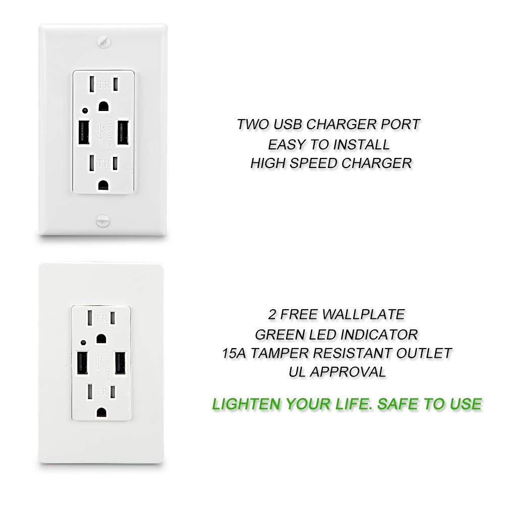 (5 Pack) LEOD 4.2A 5V Smart High Speed 2 USB Port Charger Outlet & 2 Types Wall Plates(Standard and screwless Included), 15A Tamper-Resistant Receptacle, USB Charger Wall Outlet, White, UL Listed