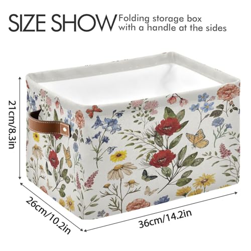 Image of Vintage Floral Storage Basket Bin for Shelves Closet Butterfly Rose Foldable Fabric Storage Box Cube with Handles Kids Gift Toy Shelf Basket Organizer for Bedroom Nursery Home Decor