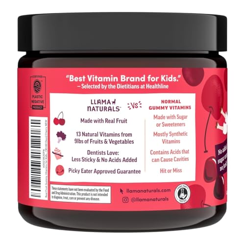 Image of Llama Naturals Kids Multivitamin Gummies | Real Fruit, No Added Sugar Cane | Organic Vegan Toddler Whole Food Vitamins | Vitamin D, C & Beta Carotene Gummy Supplement | Cherry 90 Ct (1-2 Months)