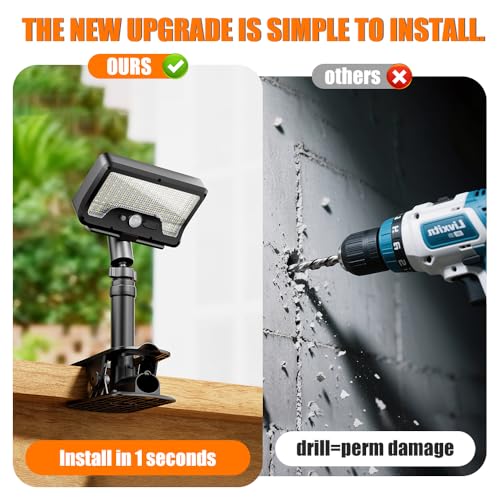 Clip On Solar Motion Sensor Light Outdoor, 600LM 3 Modes IP65 Waterproof, Adjustable Angle 1-Second Installation for Fence, Camping, Deck & Gutter(Black)