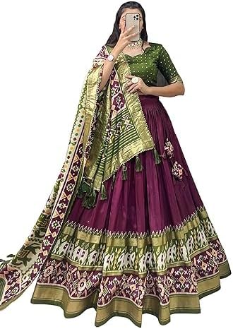 Women's Dola Silk Lehenga Choli Patola Print with Foil Work With Unstitched Blouse