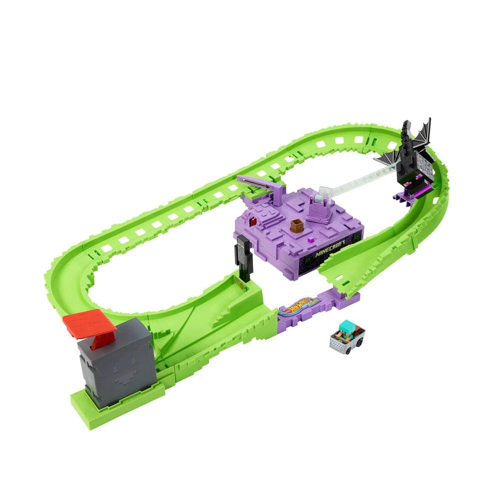 Toy Car Track Set, RacerVerse Minecraft Playset & Die-Cast Diamond Armor Steve in Minecart Vehicle, Launch & Race to Defeat Ender Dragon