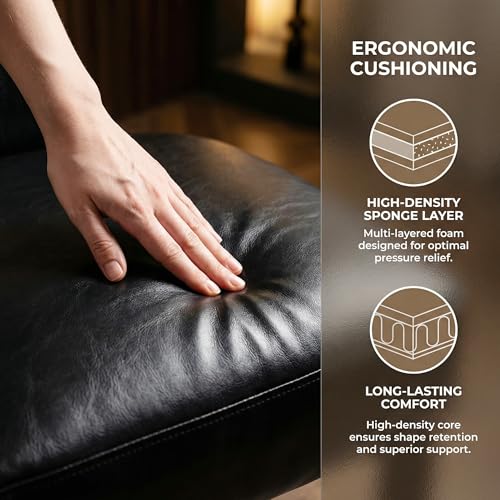 Image of HNY Mid Century Modern Rattan Dining Chairs Set of 4, Farmhouse PU Leather Upholstered Accent Chair Curved Backrest Kitchen Chairs, with Black Hardwood Frame, Black