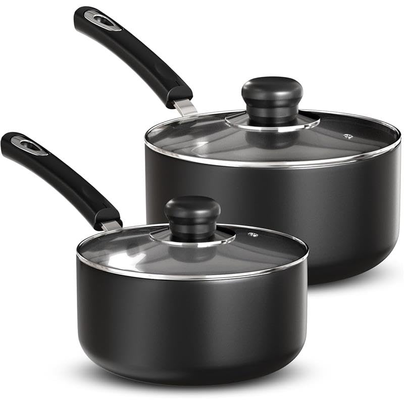 Utopia Kitchen Nonstick Saucepan Set, Cooking Pots with Lids, 1 Quart and 2 Quarts Multipurpose Kitchen Small Pots for Cooking Nonstick With Lids, 1 qt & 2 qt Set, Grey & Black