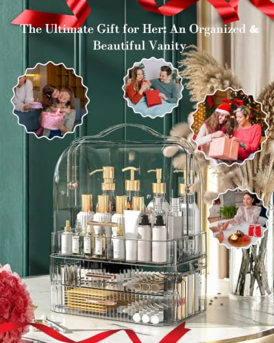Image of LINFIDITE Cosmetics Storage Box Transparent Lid Large Makeup Organizer Box Drawers Portable Handle Waterproof Dustproof Skincare Display Cases for Countertop, Bathroom, Dresser, PET,Clear Green