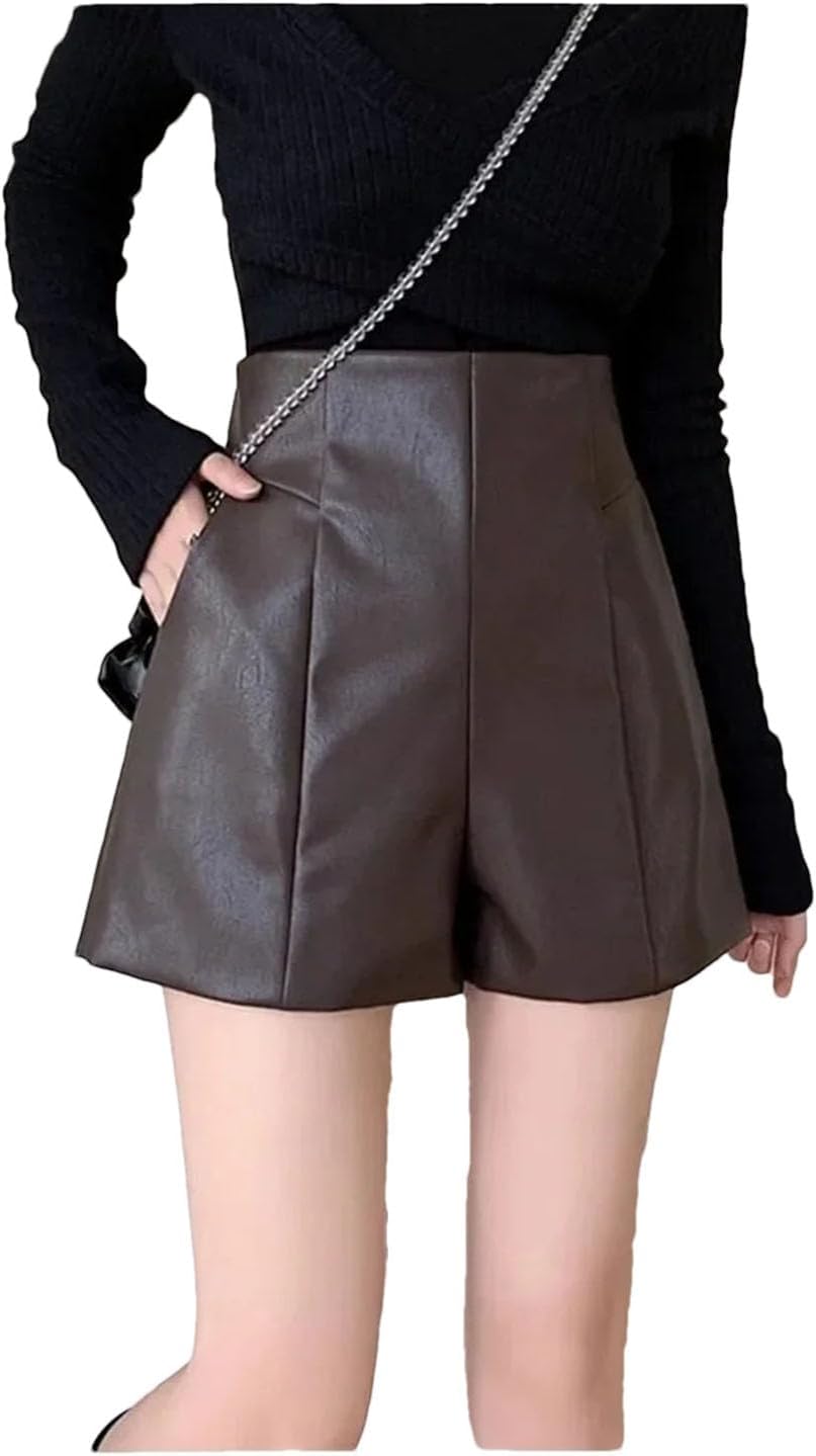 Women's High-Waisted Slimming A- Line Leather Shorts Style Bell Bottom Outerwear Boot Pants