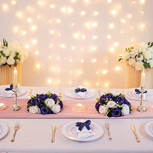 BLOSMON Flower Centerpieces for Tables Wedding 2 Pcs Navy Blue & White Fake Flowers Rose Arrangement Bouquet Floral Centerpiece Balls Artificial Wedding Center Pieces of Valentines Day Home Decor - Image 2