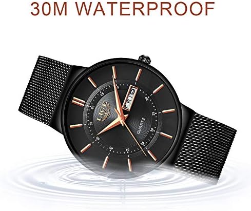 LIGE Mens Watches Simple Fashion Waterproof Analogue Quart Thin Minimalist Watches for Men Sport Dress Casual Stainless Steel Black Mesh Band Wrist Watch