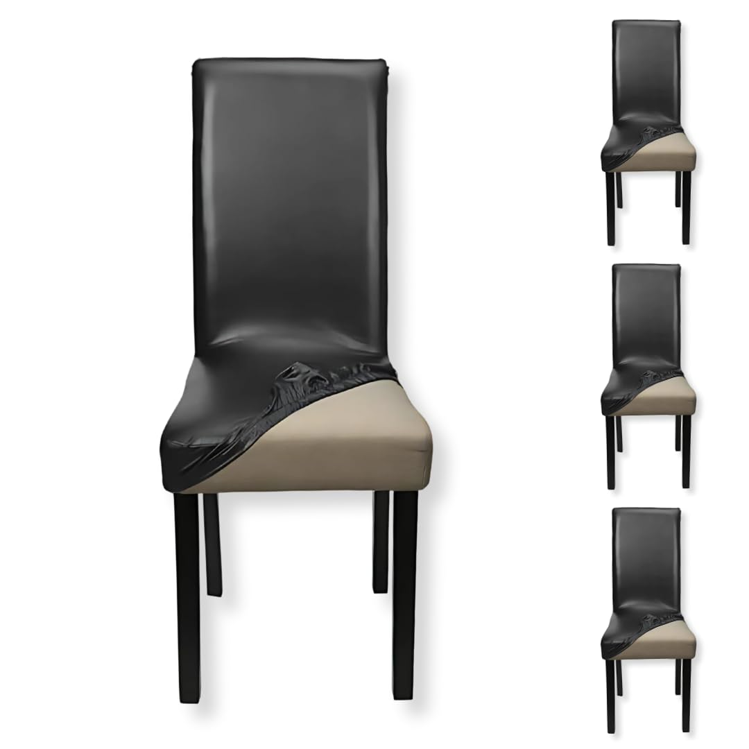 Qlarity Covers PU Leather Dining Chair Covers | Waterproof & Elastic Kitchen Chair Slipcovers for Stain/Scratch Protection | Soft & Well-Fitted Parsons Covers for Dining Room (Black Set of 4)-image-5