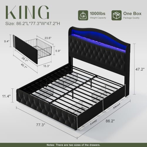 Uteeran King Size Bed Frame and Headboard & 4 Storage Drawers, Upholstered Platform Bed Frame with RGB LED Lights & Charging Station, No Box Spring Needed, Easy Assembly, Noise-Free, Black — view 2