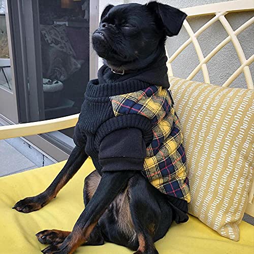Image of Gooby Fashion Vest Check Dog Jacket, Yellow Check, Large | Checkered quilted bomber, water-resistant; Stretch knit bottom; Dual D-ring leash; Pain-free zipper guard