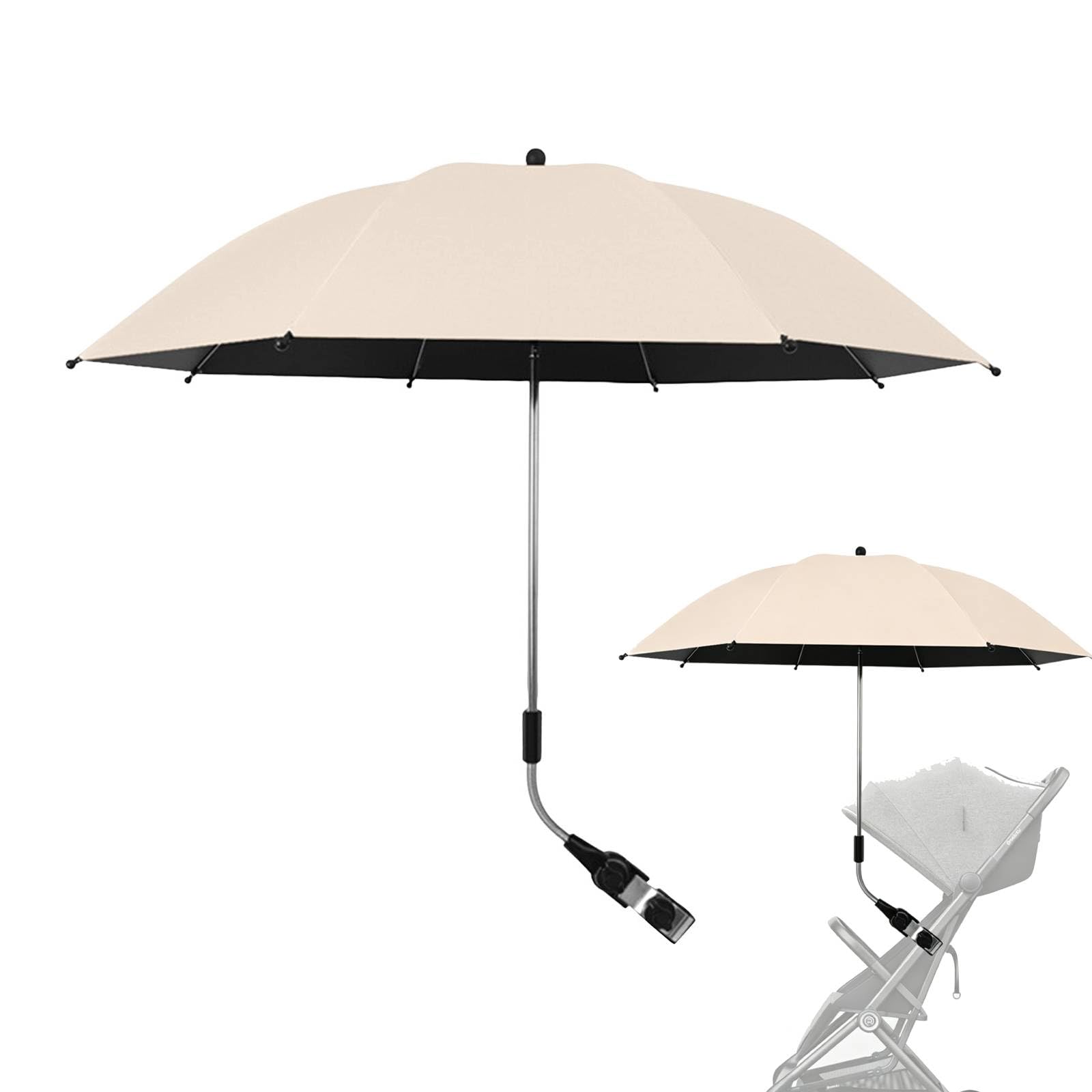Pram Parasol, 50+ UV Stroller Umbrella, Universal UV Parasol Sun Canopy with 360° Adjustable Sun Shade for Pram with Adjustable Fixing Clamp for Safe Summer Walks (Beige)