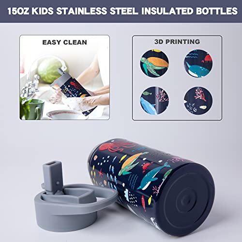 Sea Ocean Animal Water Bottle Kids For School Underwater World Insulated Cups Birthday Gifts For Boys Stainless Steel Whale Water Bottles With Straw Christmas Gift 15 Oz #TOP4
