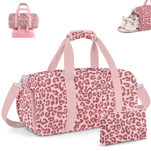 Small Duffle Bag for Girls, Kids and Teens, Cute Dance and Gym Bag with Shoe Compartment, Corduroy Weekender Bag with Makeup Bag