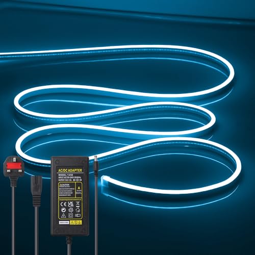 Image of LED Neon Lights Flexible Ice Blue 16.4FT /5M 12V DC Waterproof Flexible LED NEON Light for Indoors Outdoors Decorm [Power Adapter Included]