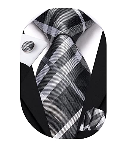 Image of Hi-Tie Mens Plaid Ties Classic Paisley Necktie with Handkerchief Cufflinks Set Business Stripe Tie