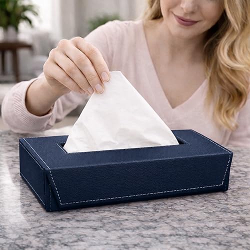 Image of LEEZEL| Tissue Box Holder with 100 Pulls Cotton Rags Tissue | Handcrafted Fine Leather - Like Finish | for Gifting, Office Desks, Cars & Home Decor | Durable & Water Resistant. (Blue)