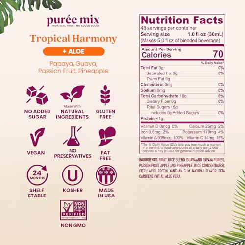 Image of Smartfruit Tropical Harmony + Aloe - 100% Real Fruit Puree with Pineapple, Passion Fruit, Papaya & Guava - Great for Smoothies, Juice, Yogurt, Cocktails, Teas - High in Vitamin A & C - 2-Pk, 48oz Each