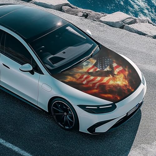 Image of Car Hood Cover,Eagle and American Flag Print Protector 59x39 Inch Stretchable Car Hood Wraps Auto Outdoor Decorations for Compact Sedans SUV Trucks Minivan