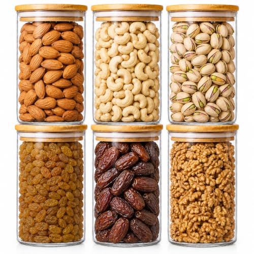 Image of Home Puff Glass Canisters for Dry Fruits, 750ml Borosilicate Glass Jars with Airtight Bamboo Lids, Leak-Proof Storage Containers for Almonds, Cashews, Raisins & Dates - Pack of 6