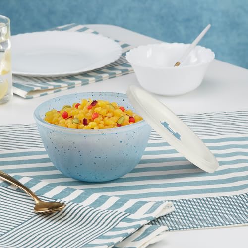 Image of Borosil 500ml Serving & Mixing Bowl with Lid | Made in India Borosilicate Glass Bowl for Kitchen & Dinning | Bowl for Mixing Dough, Salad, Batter | Microwave & Dishwasher Safe (Blue)