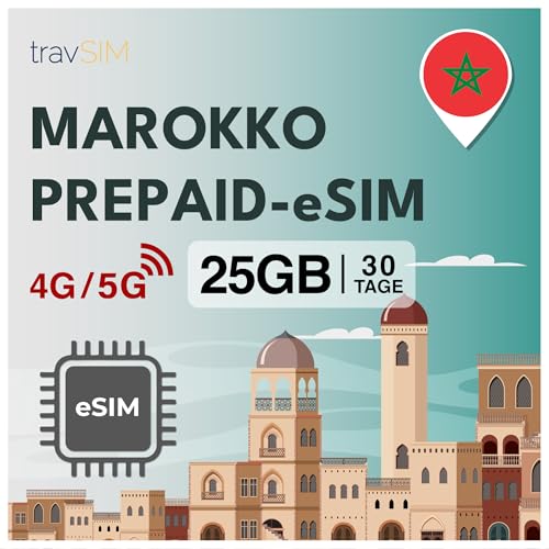 travSIM eSIM Marokko | 30 Tage - 25GB Daten SIM | 5G/4G Hochgeschwindigkeitsdaten | Unbegrenzter Internetzugang für Google, Facebook, Whatsapp, Instagram und mehr
