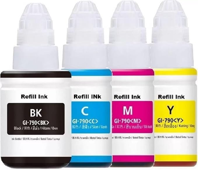 GI-790 Refill Ink Bottles for Canon Printers | Compatible with G1010, G2010, G3010, G4010 | Pack of 4 (Black, Cyan, Magenta, Yellow) | 70ml Each Dye-Based Ink | for Printing