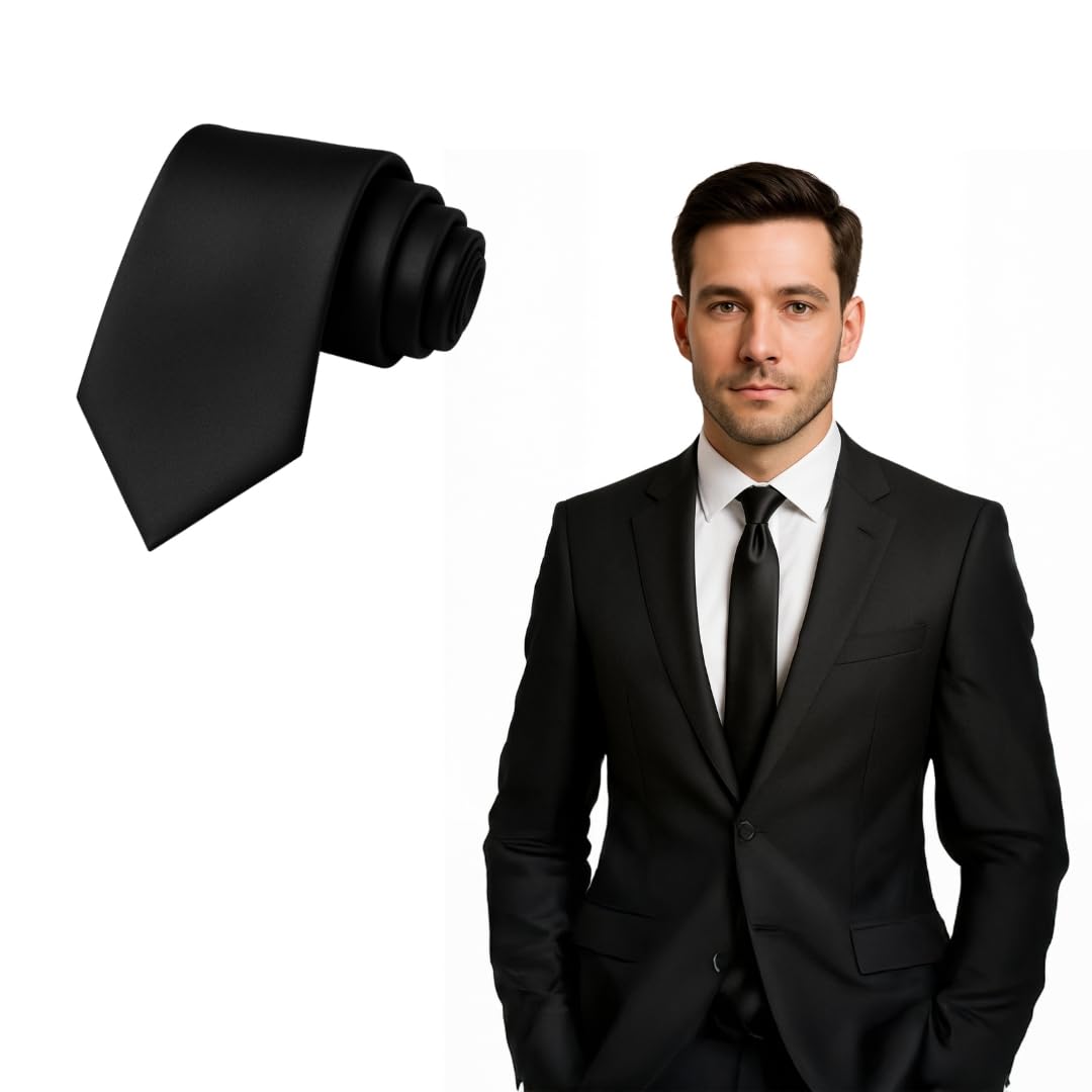 Fna Fashions Men's Black Fna Fashions® Classic Slim Skinny Satin Tie Adult Wedding Fancy Party Solid Plain Necktie (, One Size)