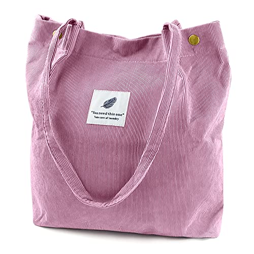 Ayieyill Bolsa feminina de veludo cotelê com cordão de ombro e bolso interno, rosa, Large