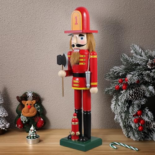 Casse-Noisette Pompier en Bois Rouge Décoration de Noël Originale pour Maison
