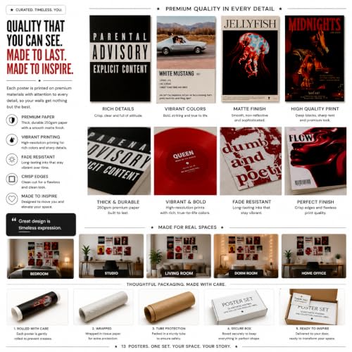 Image of 12 Piece Aesthetic Poster Set | 300 GSM Multi-Sized Wall Posters with Adhesive Tape | Music, Fashion, Retro & Pop Art Prints for Bedroom, Room Decor, Home Decor, Living Room & Wall Art