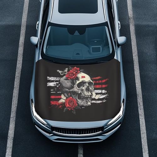 Image of Flag Skull Rose Car Hood Flag Cover - 59x39 in Car Hood Cover for Car Decor,Waterproof Car Cover Protector for Auto Car Truck Van SUV
