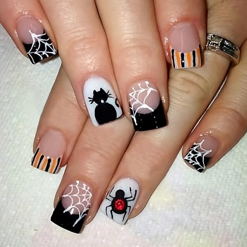 Halloween Press on Nails Short Square Fake Nails with Cute Black Cat Spider Designs Full Cover False Nails White Spiderweb Black French Tips Glue on Nails Glossy Acrylic Nail for Women 24Pcs
