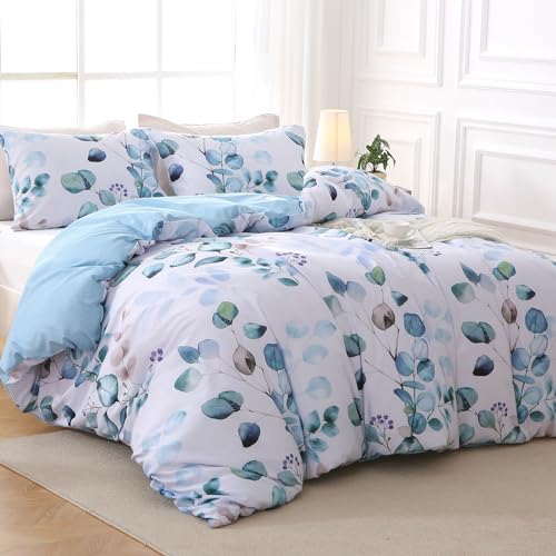 MUXHOMO Duvet Cover Queen Size, Reversible Floral Blue Duvet Cover Set with Zipper Closure, 3 Pieces Botanical Patterns Soft Microfiber Bedding Set with 4 Ties (90"x90", 2 Pillow Cases)