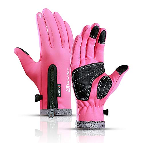 Andyshi Gloves Men Women Winter Outdoor Sports Anti-Slip Windproof Waterproof Touch Screen Cycling Riding Skiing Running Driving Thicken Warm Fleece Lined Elastic Zipper Glove (Pink, Medium)