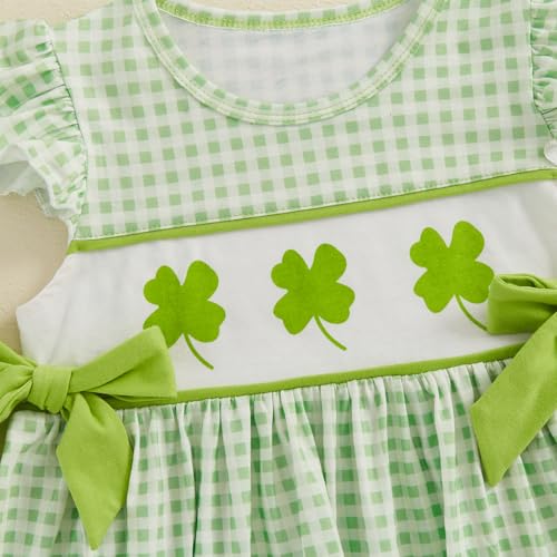 Little Girls St Patricks Day Outfit Shamrock Clover Embroidery Flutter Sleeve Smocked Dress Green Plaid Bows A-Line Dress4