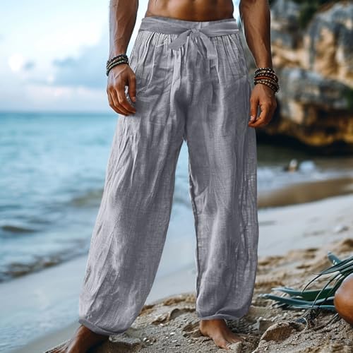Men's Casual Linen Pants Elastic Waist Drawstring Beach Summer Wide Leg Lounge Pants Lightweight Linen Trousers Loose2