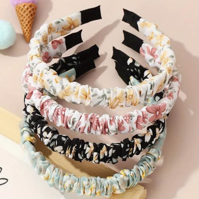 Generic4pcs Assorted Floral Print Pleated Thin Headbands Set, Sweet Temperament Hair Accessories, Simple Versatile Fashion Headbands for Girls, Spring/Summer Style