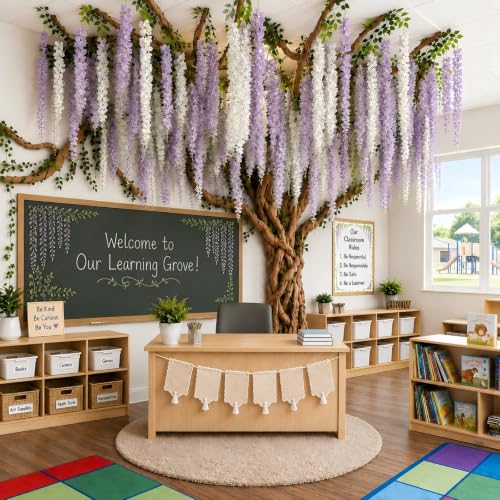 3D Wisteria Tree Wall Decor for Back to School Wall Decor (White Purple)