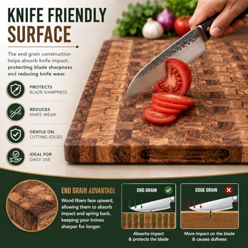 Image of Handcrafted Wooden Chopping Board for Kitchen | Cutting Board & Serving Platter | Food Safe Wooden Board for Vegetables, Fruits, Cheese & Bread | Multiple Designs (End Grain Block, Sheesham Wood)