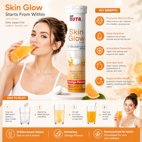 Image of Glutathione Effervescent Tablets | L-Glutathione + Vitamin C for Skin Brightening & Radiance | Orange Flavor | for Men & Women | 15 Tablets